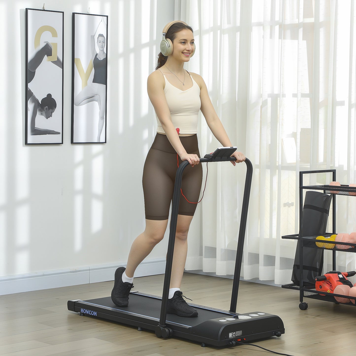 HOMCOM Foldable Walking Treadmill, with LED Display and Wheels, for Home, Office, Gym, Blue