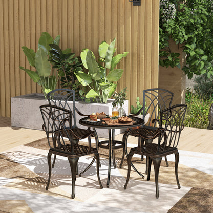 Outsunny 5 Pieces Garden Dining Set for 4, Cast Aluminium Outdoor Dining Set with 4 Armchairs and Round Dining Table with Parasol Hole, Garden Furniture Bistro Set, Bronze Tone