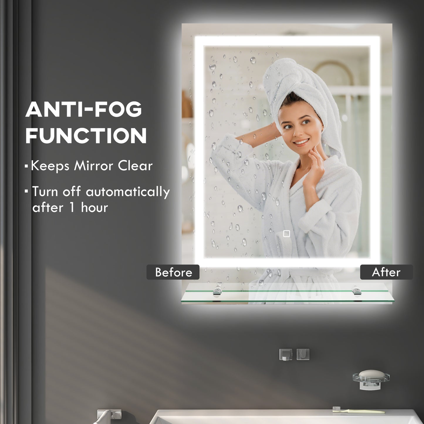 kleankin Large Vanity Mirror with Lights and Shelf, Illuminated bathroom Mirror with 3 Colour Brightness, Smart Touch, Anti-Fog