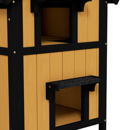 PawHut Wooden Cat House with Flower Pot, Windows, Multiple Entrances, Water-Resistant Roof for Outdoor - Yellow