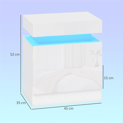 HOMCOM White Bedside Table with LED Light, High Gloss Front Nightstand with 2 Drawers, for Living Room, Bedroom, Set of 2