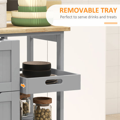HOMCOM Rolling Kitchen Island Cart, Bar Serving Cart, Compact Trolley on Wheels with Wood Top, Shelves & Drawers, Grey