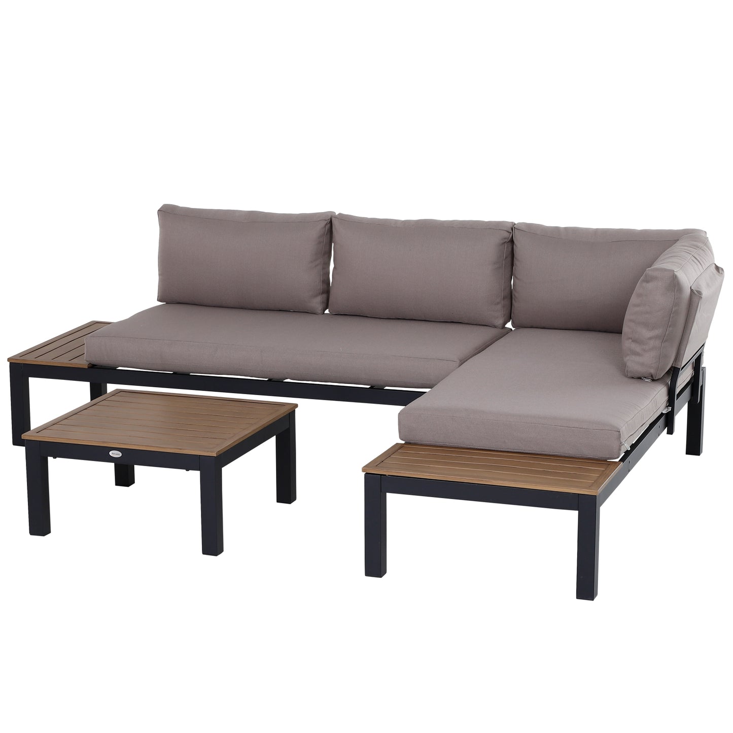 Outsunny 3 Pieces Garden Furniture Set, Aluminium 4 Seater Corner Sofa Set with 2 Loveseats, Coffee Table and Side Trays, Outdoor Conversation Furniture with Cushions for Garden, Black