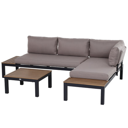 Outsunny 3 Pieces Garden Furniture Set, Aluminium 4 Seater Corner Sofa Set with 2 Loveseats, Coffee Table and Side Trays, Outdoor Conversation Furniture with Cushions for Garden, Black