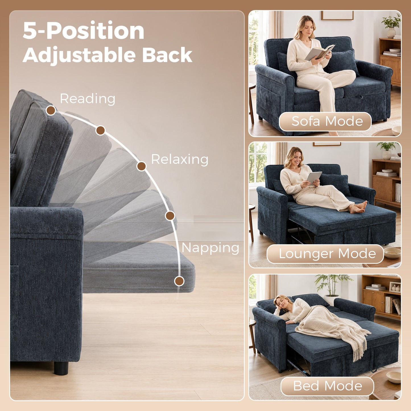 HOMCOM 2 Seater Sofa Bed 3-in-1 Convertible Chenille Pull Out Sleeper Sofa with 5-Position Adjustable Backrest, Dark Blue