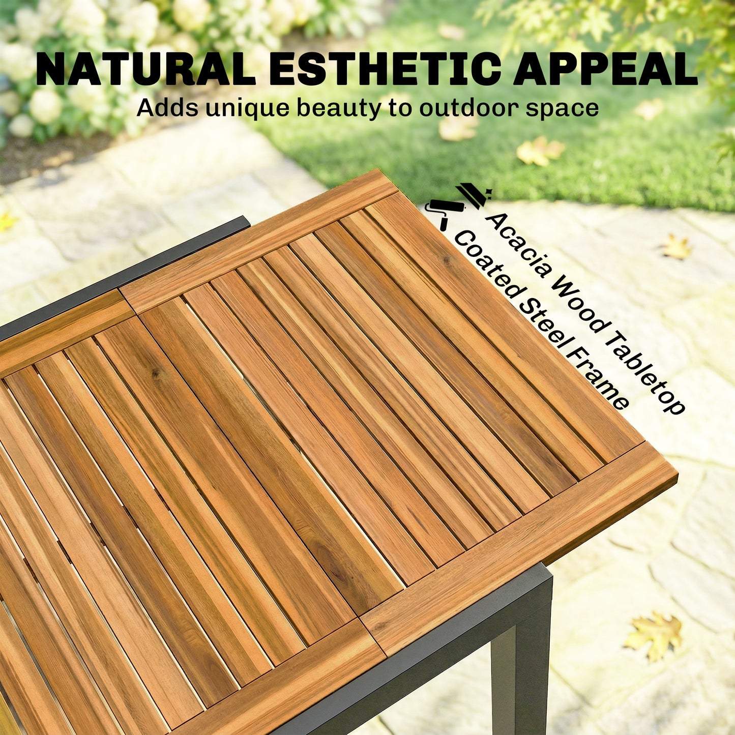 Outsunny Patio Dining Table Expandable Outdoor Dining Table Acacia Wood Top 80-120 cm Natural and Black