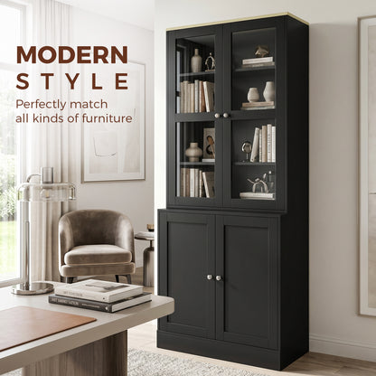HOMCOM Modern Bookcase Display Storage Unit with Glass Doors Adjustable Shelves, Black