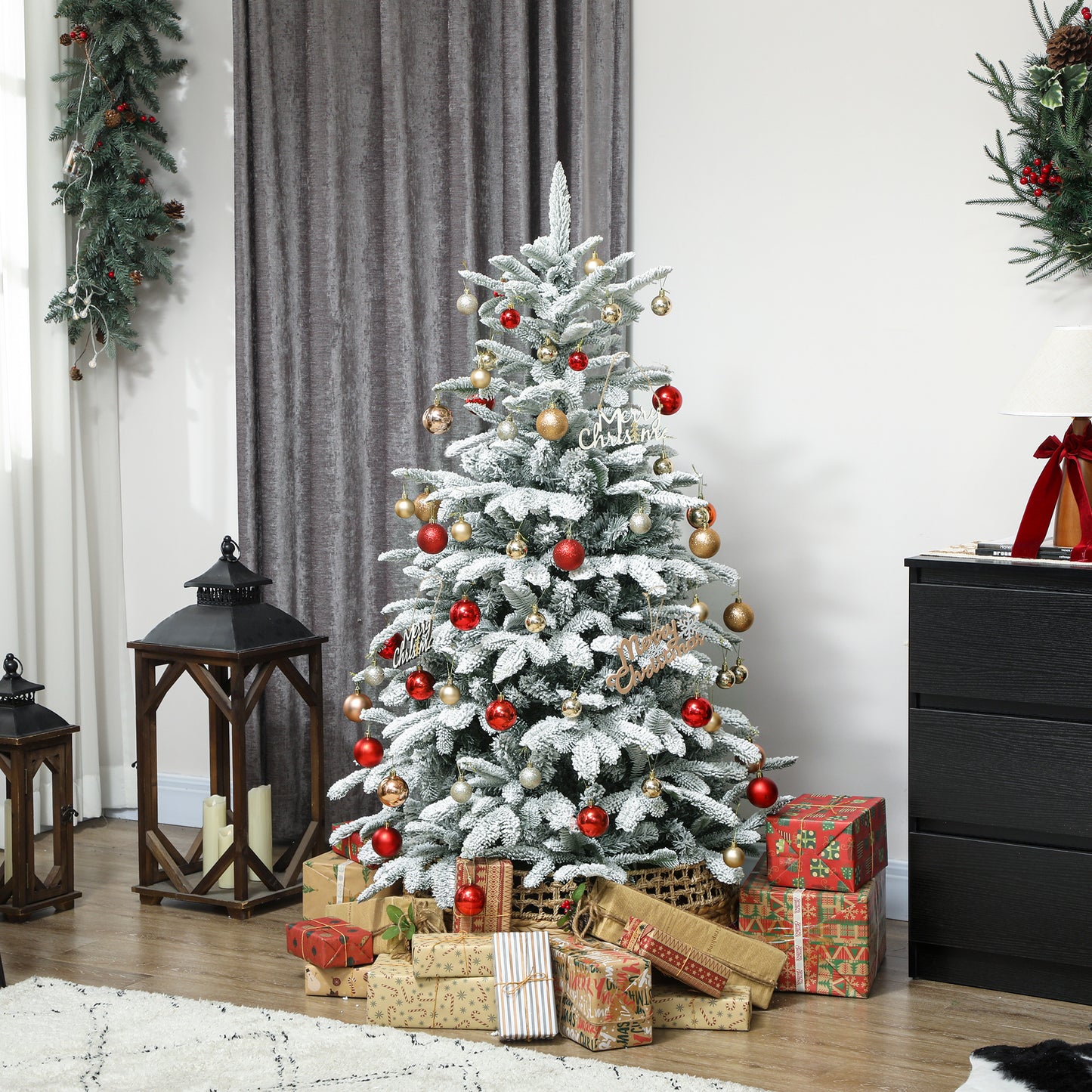 HOMCOM 5 ft Artificial Flocked Christmas Tree with 717 Branches, Hinged Xmas Tree with Foldable Metal Stand, Easy Assembly for Home Office Decor