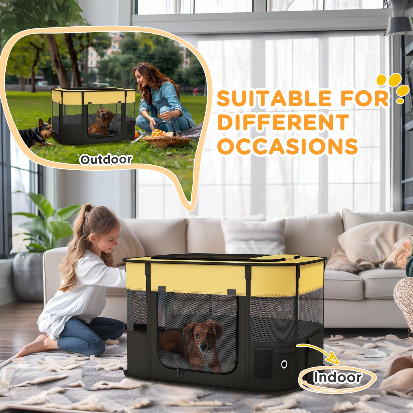 PawHut Foldable Dog Pen with Storage Bag for Indoor/Outdoor Use, Portable Pet playpen, with Ground Stakes - Yellow