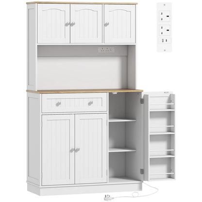 HOMCOM 173 cm Tall Kitchen Cupboard with Charging Station, Pantry Storage Cabinet with Adjustable Shelves and 4 Door Racks
