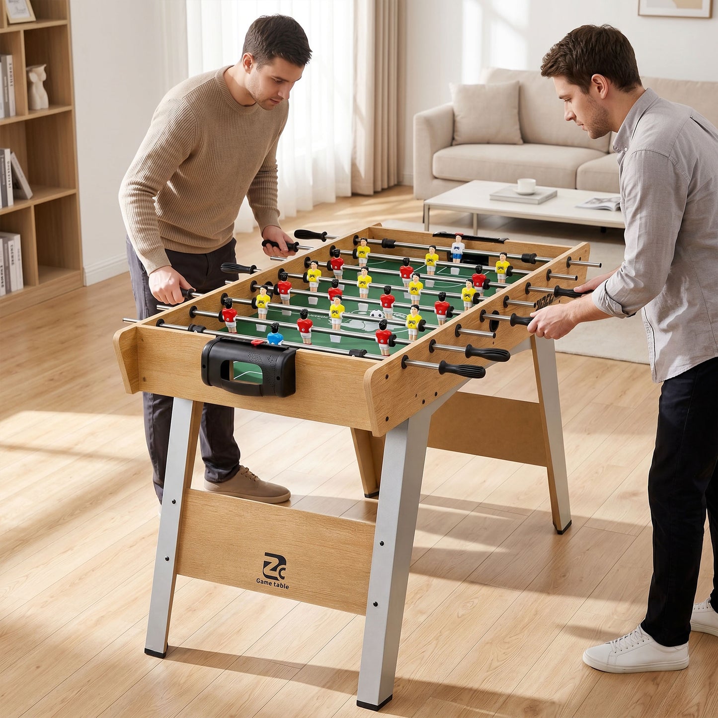 SPORTNOW 4ft Table Football, Foosball Game Table with 22 Players, 2 Balls and Manual Scorers for Family, Natural Wood Finish