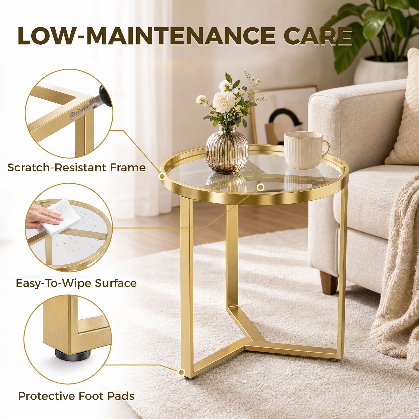 HOMCOM Round Side Table with Tempered Glass Top and Geometric Metal Frame for Small Space, Gold Tone