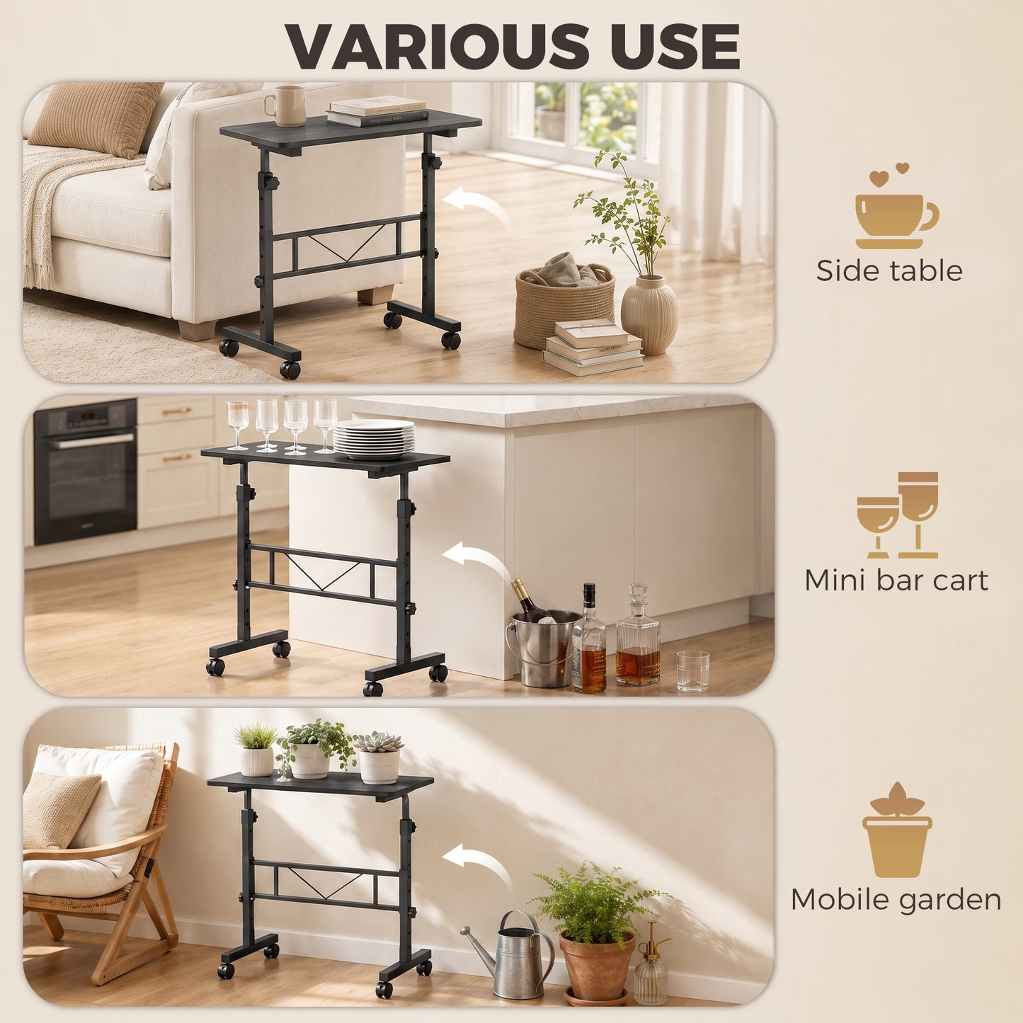 HOMCOM Overbed Table Adjustable Height Sofa Side Table with Wheels 80 x 40 cm Black