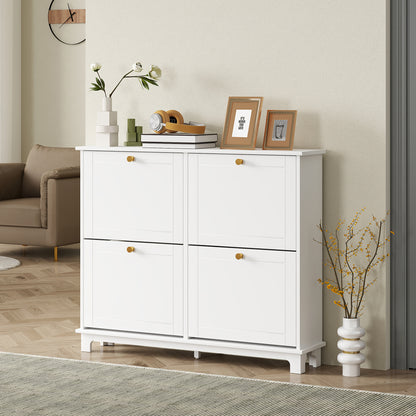 HOMCOM Narrow Shoe Storage Cabinet, Slim Shoe Cabinet with 4 Flip Drawers, Adjustable Shelves for 16 Pairs of Shoes, White