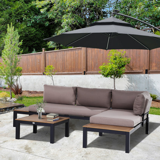 Outsunny 3 Pieces Garden Furniture Set, Aluminium 4 Seater Corner Sofa Set with 2 Loveseats, Coffee Table and Side Trays, Outdoor Conversation Furniture with Cushions for Garden, Black