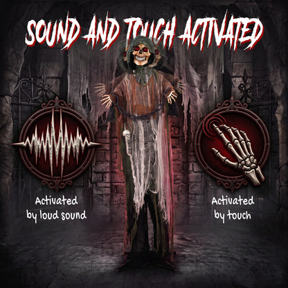 HOMCOM 170cm Animated Grim Reaper, Life-Size Halloween Animatronic with Moving Hands/Head, Glowing Eyes, Creepy Sound