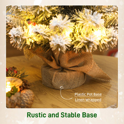 HOMCOM 60 cm Prelit Small Christmas Tree with 35 LED Lights, Snow Flocked Tabletop Mini Xmas Tree with 72 Dense Branches, Pine Cones, Berry Clusters and Linen Cover Base, Battery Operated, Green