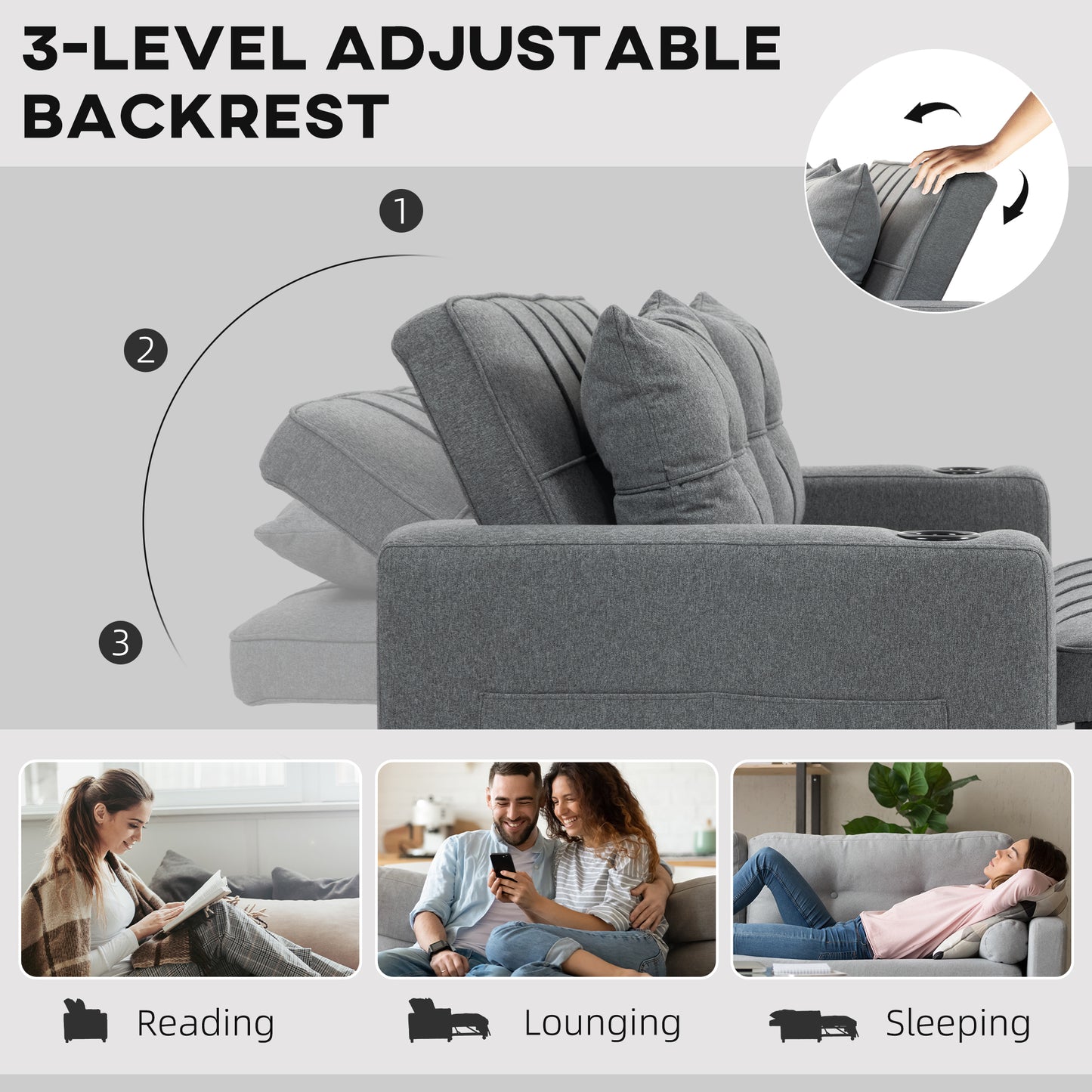 HOMCOM 2 Seater Sofa Bed Pull-Out Sofa Bed for Small Space - Charcoal Grey
