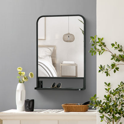 HOMCOM Modern Square Wall Mirror with Storage Shelf, 70 x 50 cm Mirrors for Living Room, Bedroom, Black