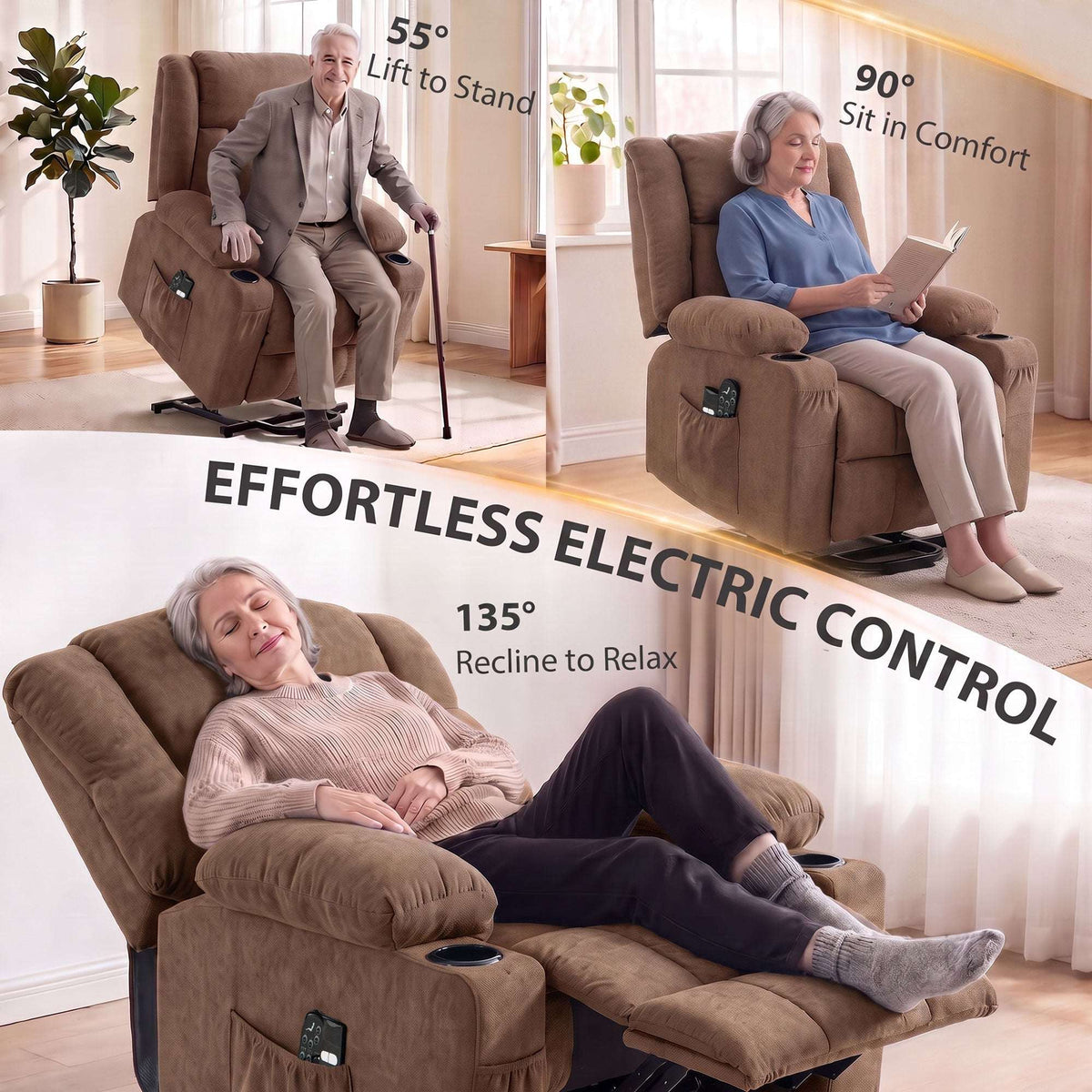 HOMCOM Dual Motor Recliner Chair, 55° Electric Lift Chair for Elderly, Recliner Armchair with Massage and Heat, Brown