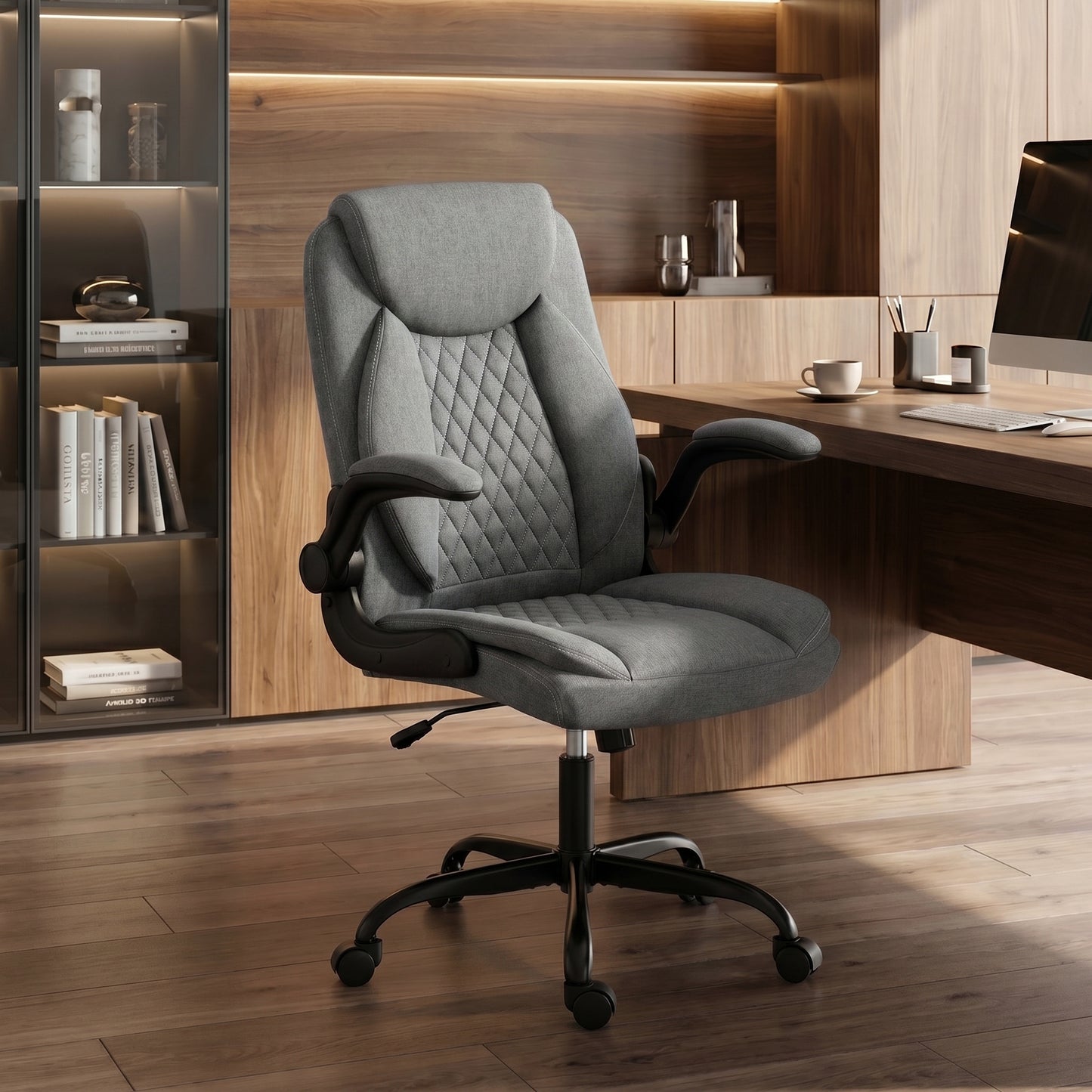 HOMCOM Linen-Look Computer Desk Chair, Executive Office Chair with Flip-Up Armrests and Thick Cushion, Grey