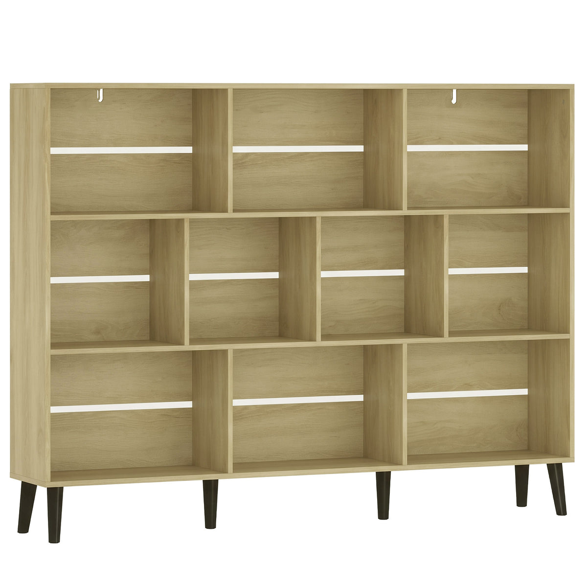 HOMCOM 10-Cube Bookcase, 3-Tier Book Shelf with Solid Wood Legs, 140 cm Modern Bookshelf with Anti-Tip Kit, Oak