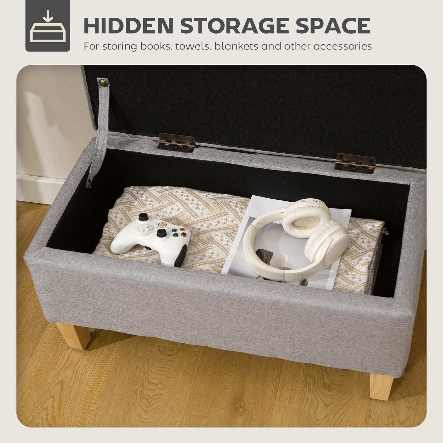 HOMCOM 30L Linen Storage Ottoman Padded Footstool with Rubberwood Legs for Storage Box, Bed End, Shoe Bench, Seating, Light Grey