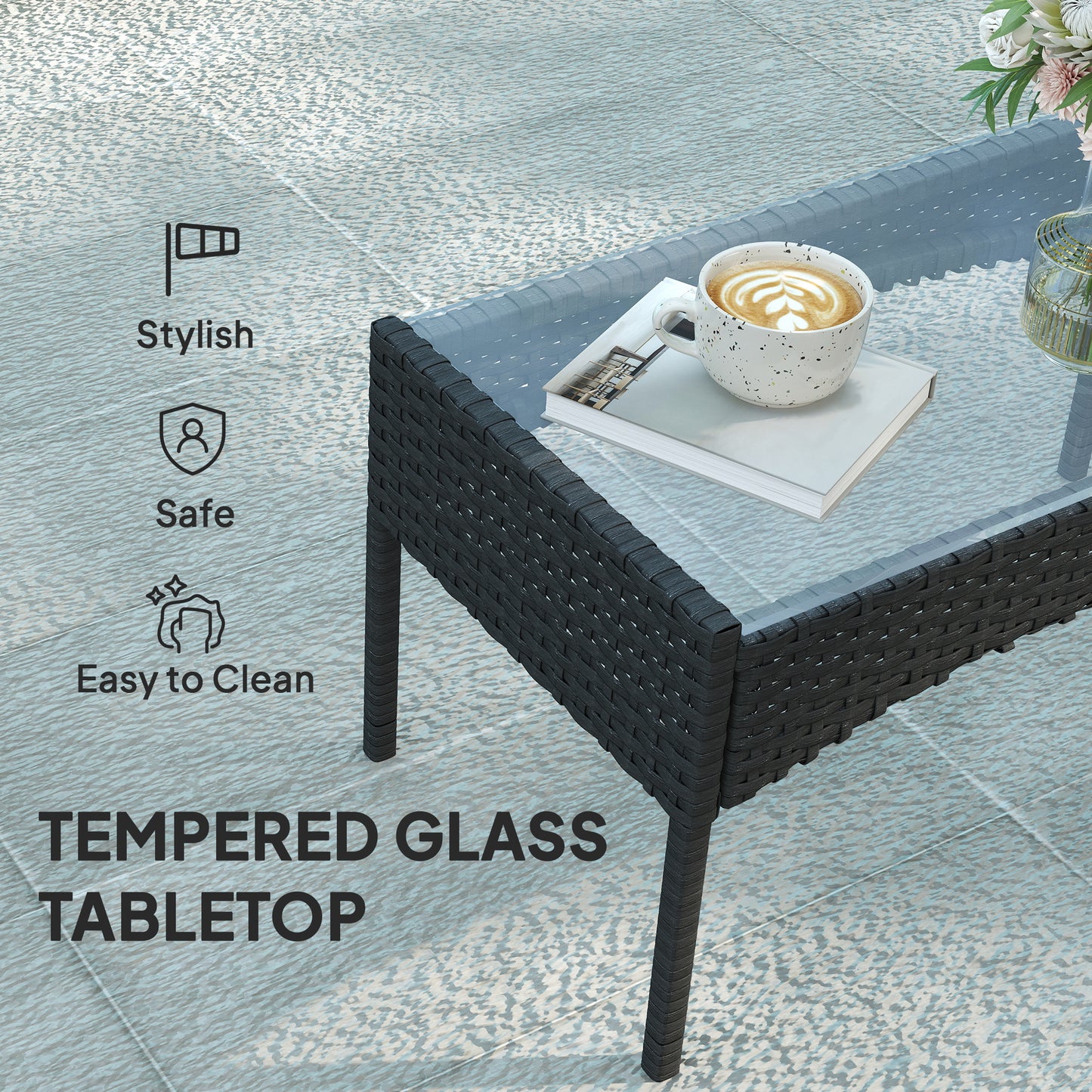 Outsunny 4 Piece Rattan Garden Furniture Sofa Set with Loveseat, Armchairs, Glass-Top Coffee Table and Cushions, Black