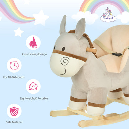 HOMCOM Kids Rocking Horse, Children Plush Ride On Donkey Animal Rocker w/ Sound, Wood Base Seat, Seat Belt, Baby Toy Rocker for Toddler 18 - 36 Months, Grey