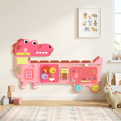 AIYAPLAY Busy Board Panels, Wall Mounted Montessori Inspired Busy Board, Toddler Learning Centre Dinosaur Theme, Pink