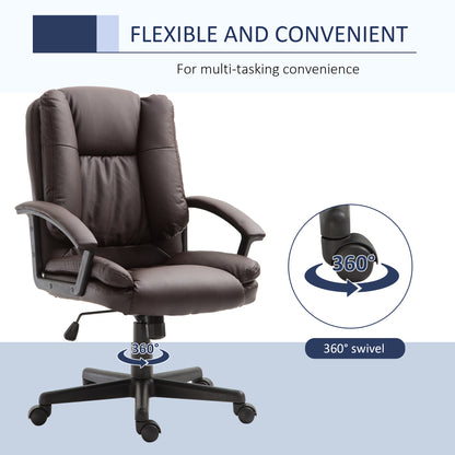 HOMCOM Office Chair, Computer Desk Chair, PU Leather Mid Back Executive Chair with Adjustable Height and Swivel Rolling Wheels for Home Study, Brown