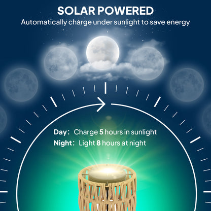 Outsunny Boho Rattan Floor Lamp, 3-Lights Rattan Lamp with Shelf, Freestanding Solar Garden Light with Auto On/Off Lights, IP44 Waterproof for Porch, Pathway, Terrace, Yellow