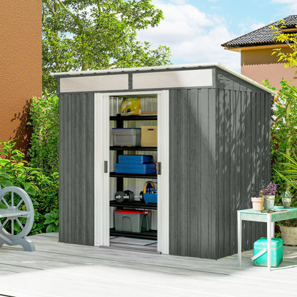 Outsunny 6.5 x 4FT Galvanised Metal Shed with Foundation Kit, Lockable Tool Garden Shed with Double Sliding Doors, Vents, Light Grey Wood Effect