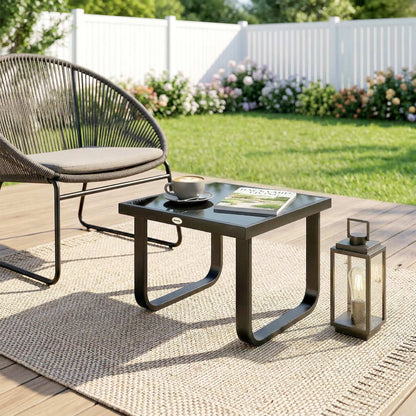 Outsunny Outdoor Garden Coffee Table, Rectangle Metal Side Table with Tempered Glass Tabletop, Adjustable Foot Pads-Coffee Tables-ChewyGames-ChewyGames