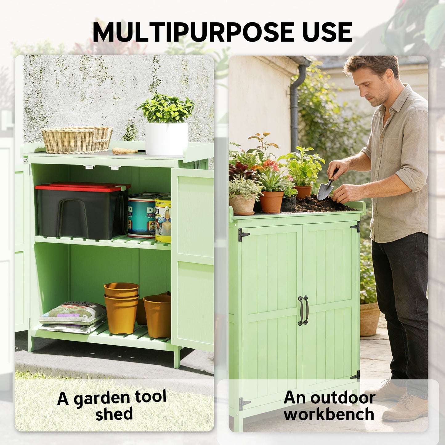 Outsunny Wooden Garden Shed, Garden Tool Storage Shed with Hinged Roof and Shelf, Outdoor Storage Cabinet with Double Doors, Light Green