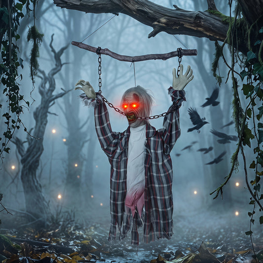 HOMCOM 110cm Screaming Animated Hanging Halloween Decoration, Sound Touch Activated Zombie Decor with Glowing Red Eyes