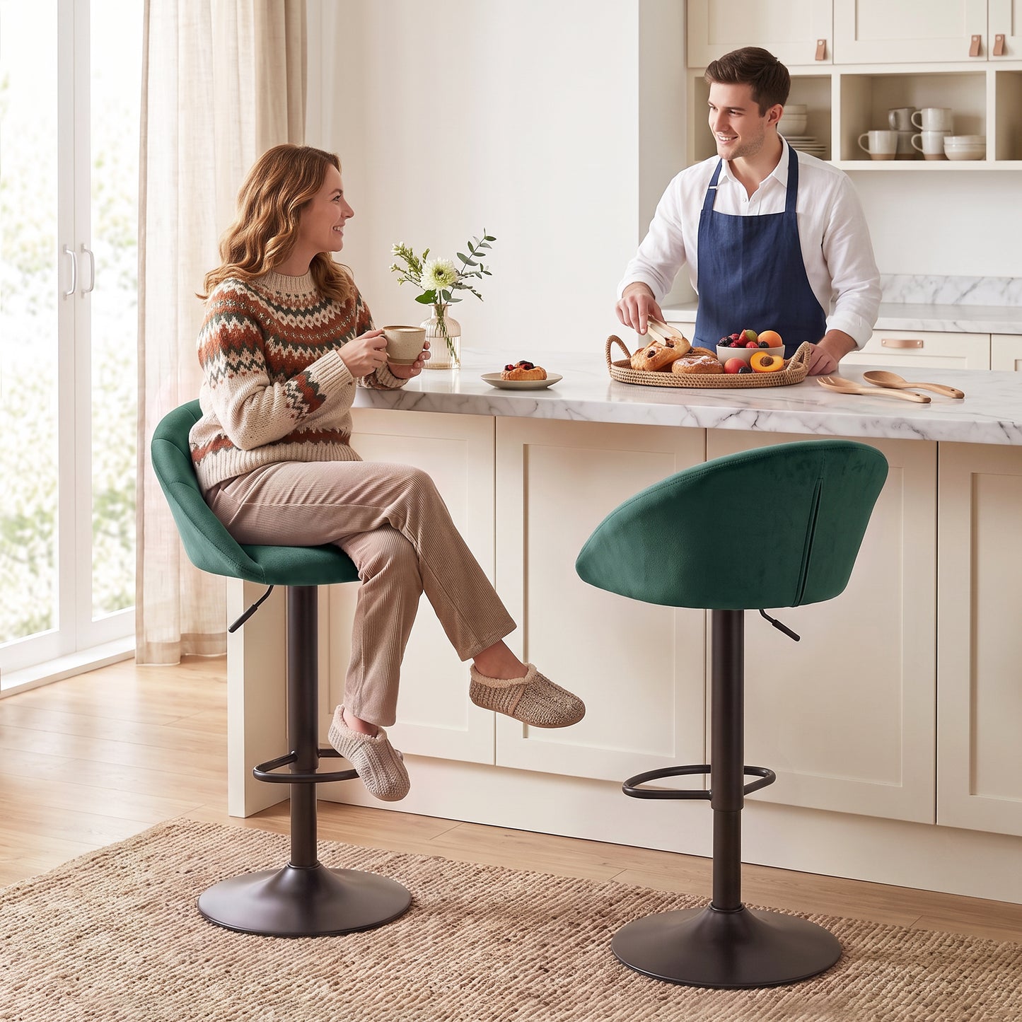 HOMCOM Bar Stools Set of 2 Adjustable Swivel Velvet Breakfast Bar Stools with Backrest, Dark Green