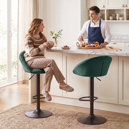 HOMCOM Bar Stools Set of 2 Adjustable Swivel Velvet Breakfast Bar Stools with Backrest, Dark Green
