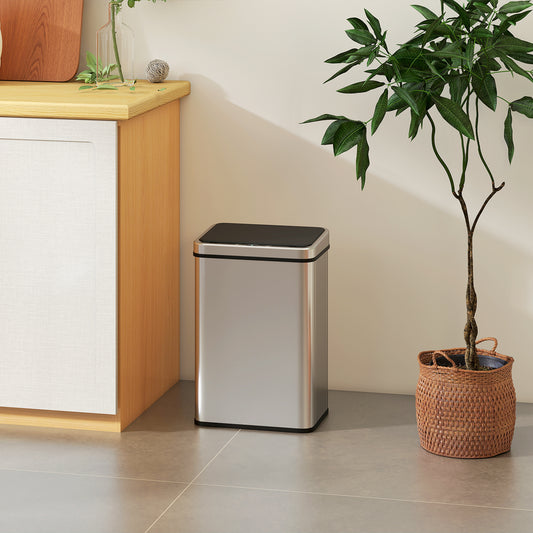 HOMCOM 40L Sensor Bin with Quiet Soft-Close Lid, Automatic Touchless Motion Sensor Kitchen Bin with Fingerprint Resistant Stainless Steel for Hygienic Gyms, Home Office Use, Silver Tone