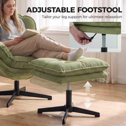 HOMCOM Armchair with Adjustable Footstool, 360° Swivel Chenille Cloud Accent Chair with Thick Cushion, Steel Base, Green