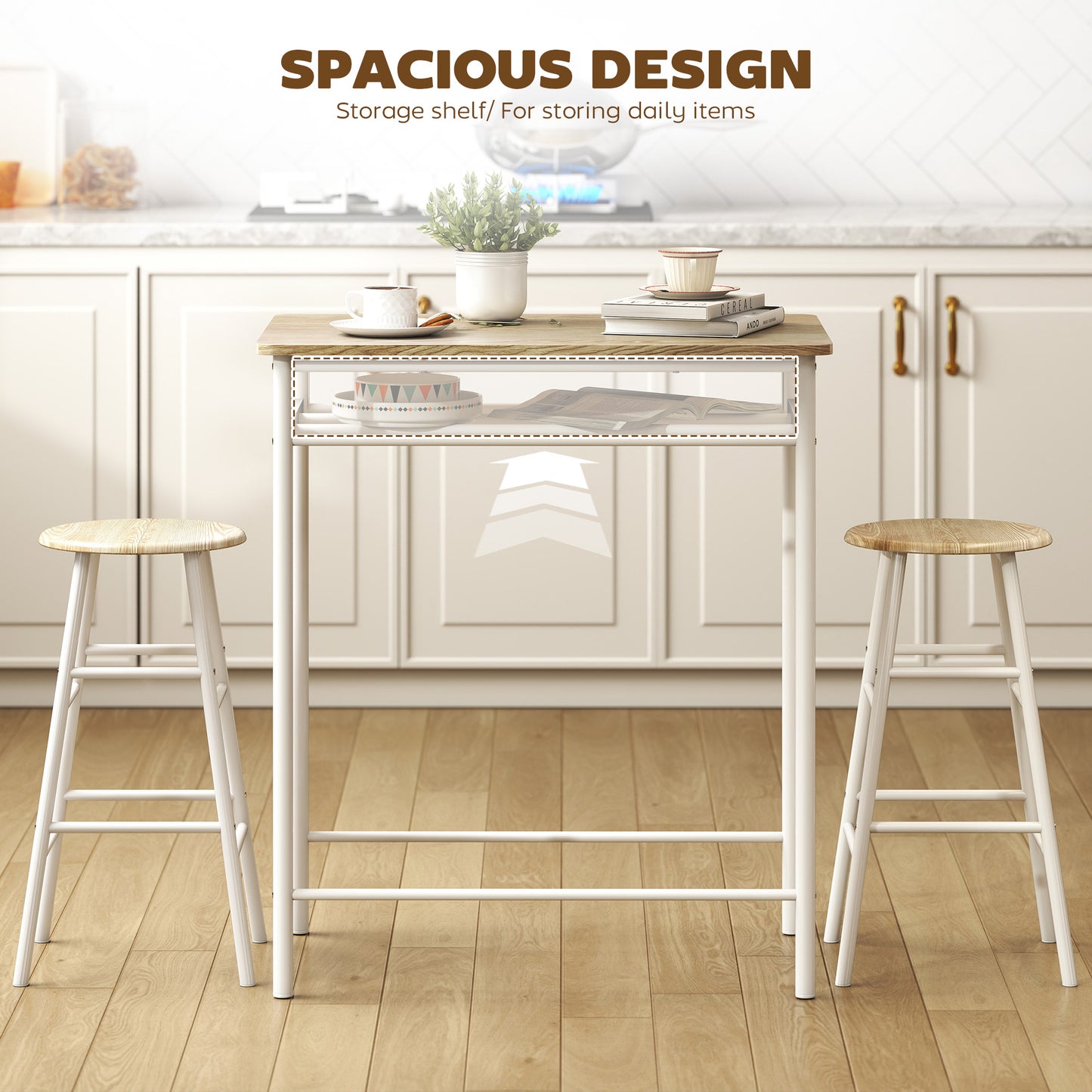 HOMCOM Bar Table Set, Bar Table and Stools Set, Footrest and Storage Shelf, for Kitchen, Dining Room, Pub, Cafe, White and Oak--ChewyGames-ChewyGames