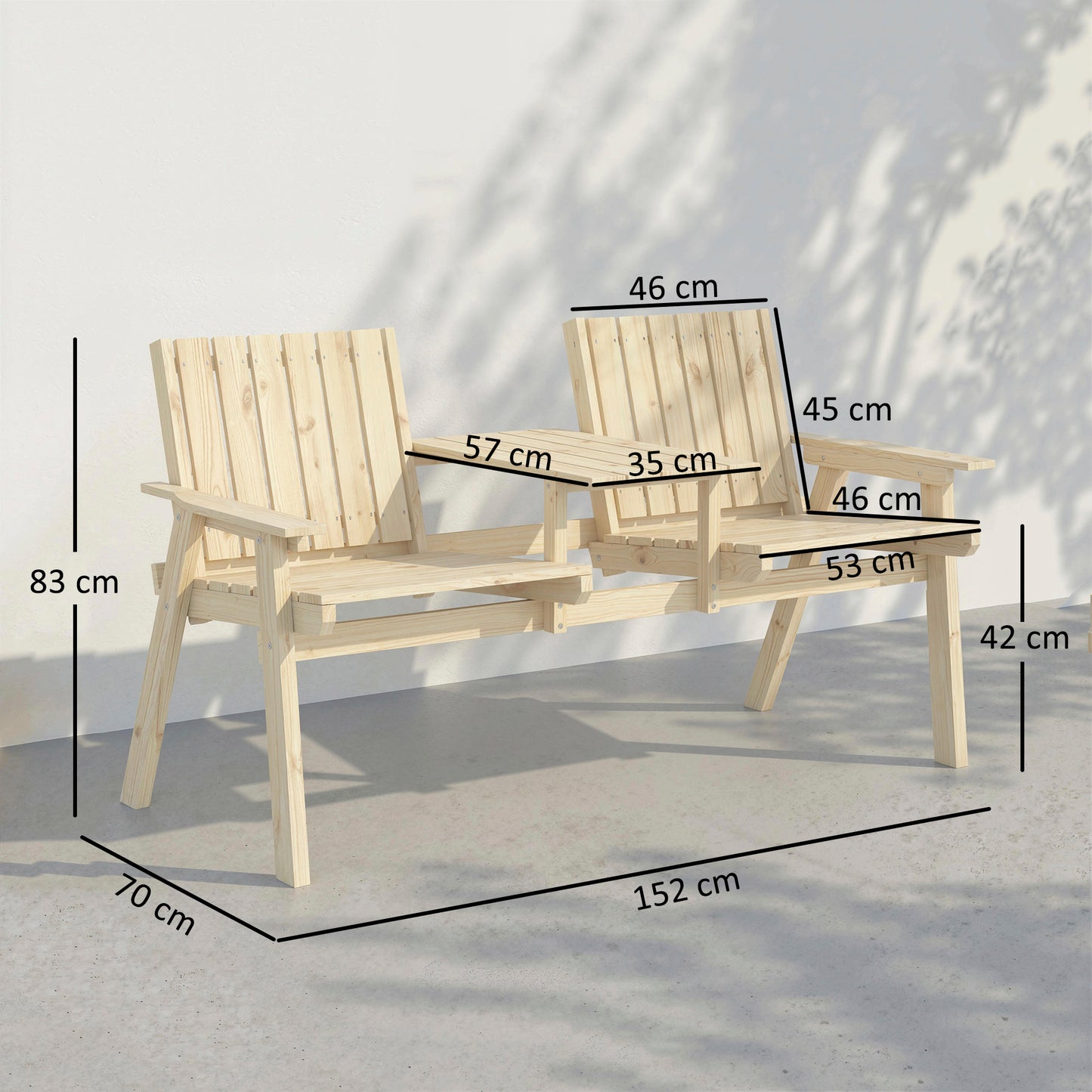 Outsunny 2-Seater Garden Loveseat with Table and Parasol Hole for Porch, Patio, Natural Wood Finish