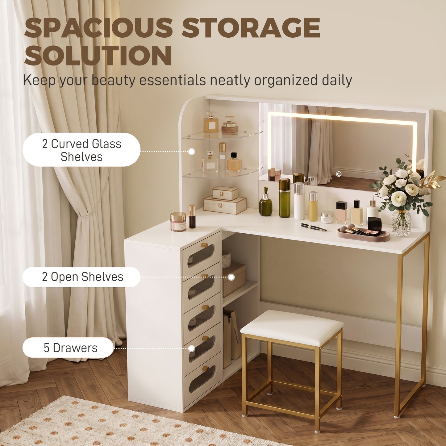 HOMCOM Dressing Table with LED Mirror and Stool, L-Shaped Vanity Desk with Drawers and Shelves, White