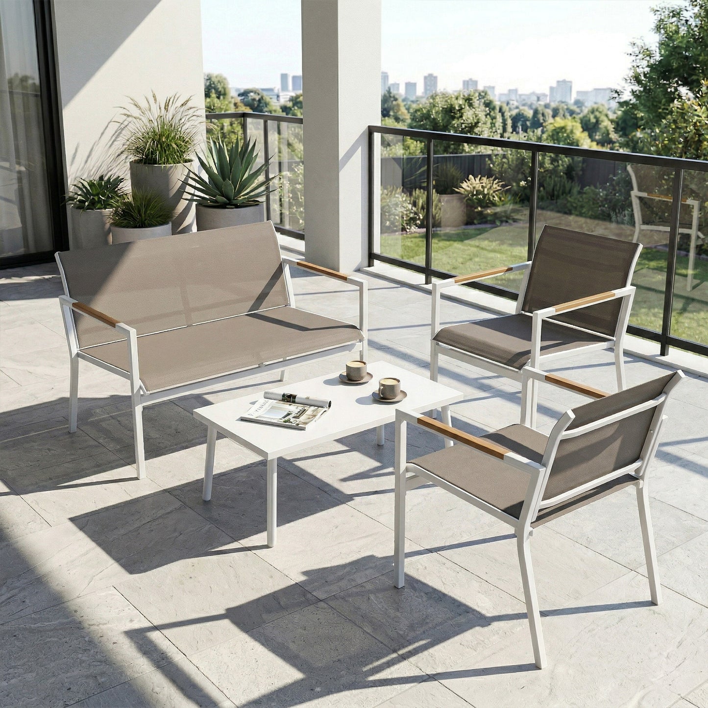 Outsunny 4 Seater Garden Furniture Set with Loveseat, Armchairs, Table, Metal Garden Sofa Set with Breathable Seats, Khaki