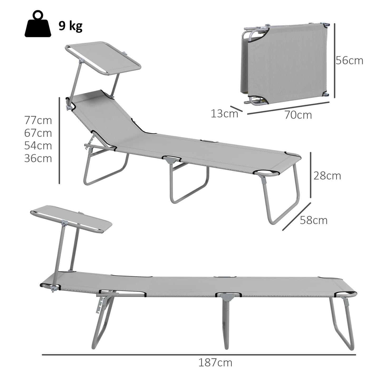 Outsunny Folding Sun Lounger Set of 2 with Canopy, Reclining Sunbed with 4-Position Adjustable Backrest, 600D Oxford Cloth, Portable Garden Lounger Recliner Chair for Beach, Camping, Patio, Light Grey