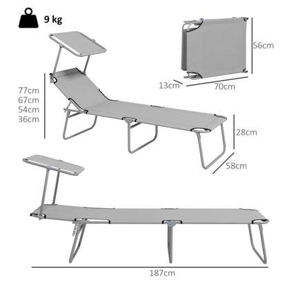 Outsunny Folding Sun Lounger Set of 2 with Canopy, Reclining Sunbed with 4-Position Adjustable Backrest, 600D Oxford Cloth, Portable Garden Lounger Recliner Chair for Beach, Camping, Patio, Light Grey