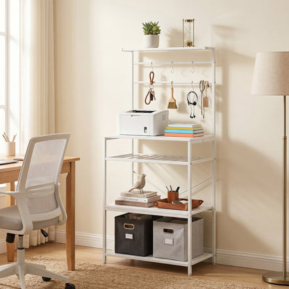 HOMCOM Freestanding Shelving Unit, Industrial Storage Shelf with 6 Hooks and Wine Rack for Living Room, Home Office, White