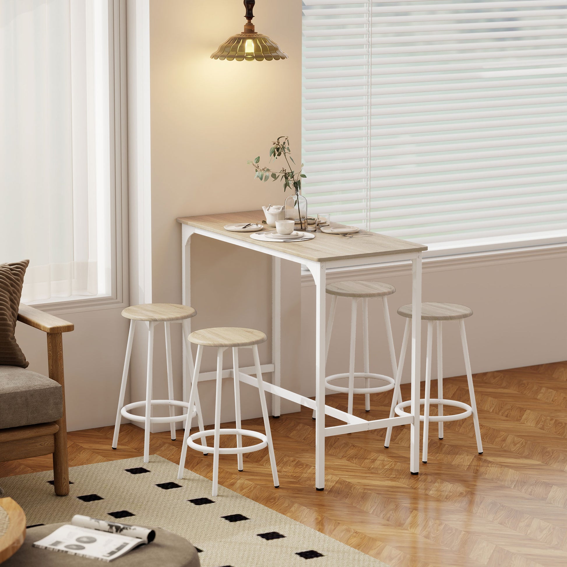 HOMCOM 5 Piece Bar Table Set for 4 with Stools, Metal Frame, Footrest for Kitchen Natural Wood--ChewyGames-ChewyGames