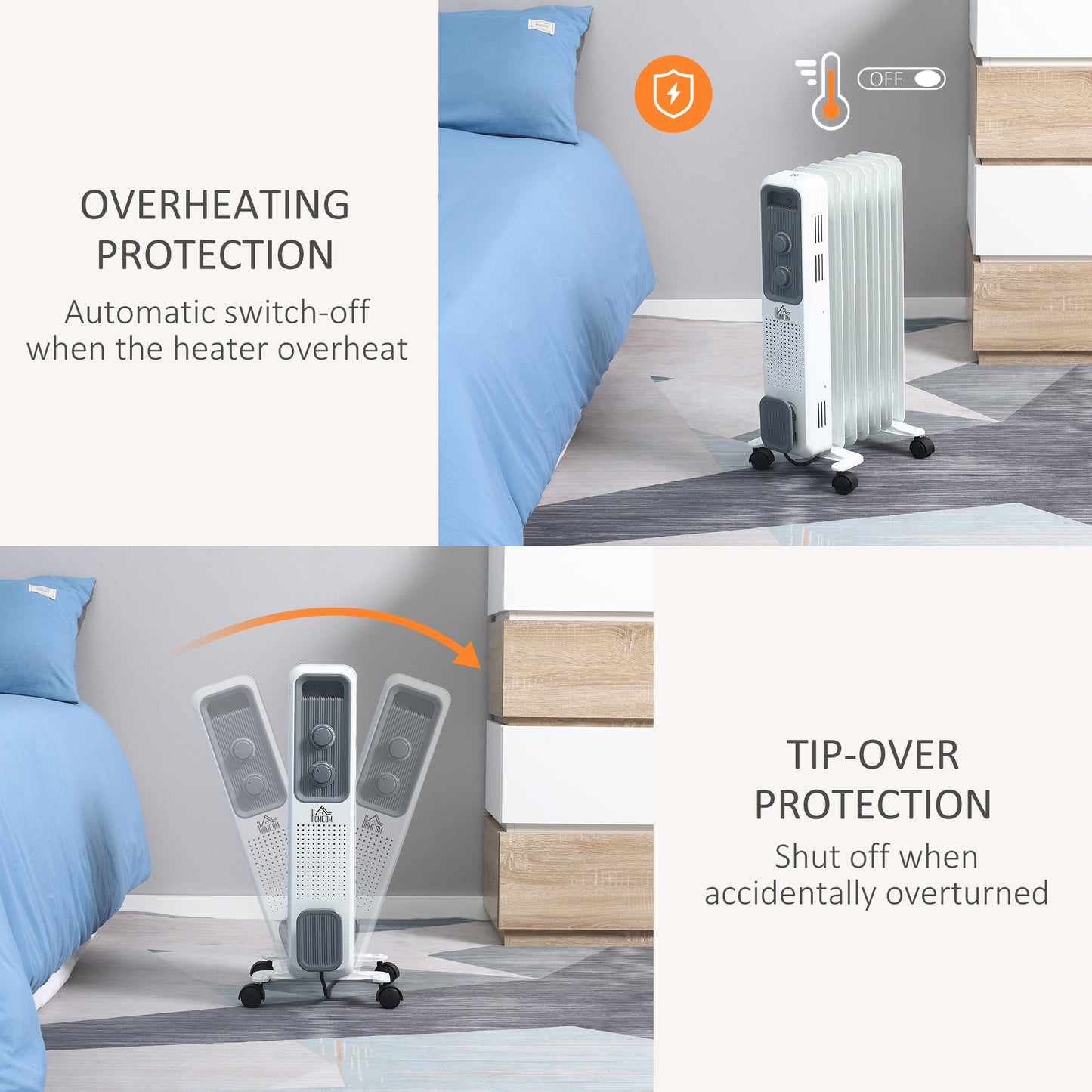 HOMCOM 1500W Oil Filled Radiator, Portable Electric Heater with 3 Heat Settings, Safety Cut-Off and Wheels, White