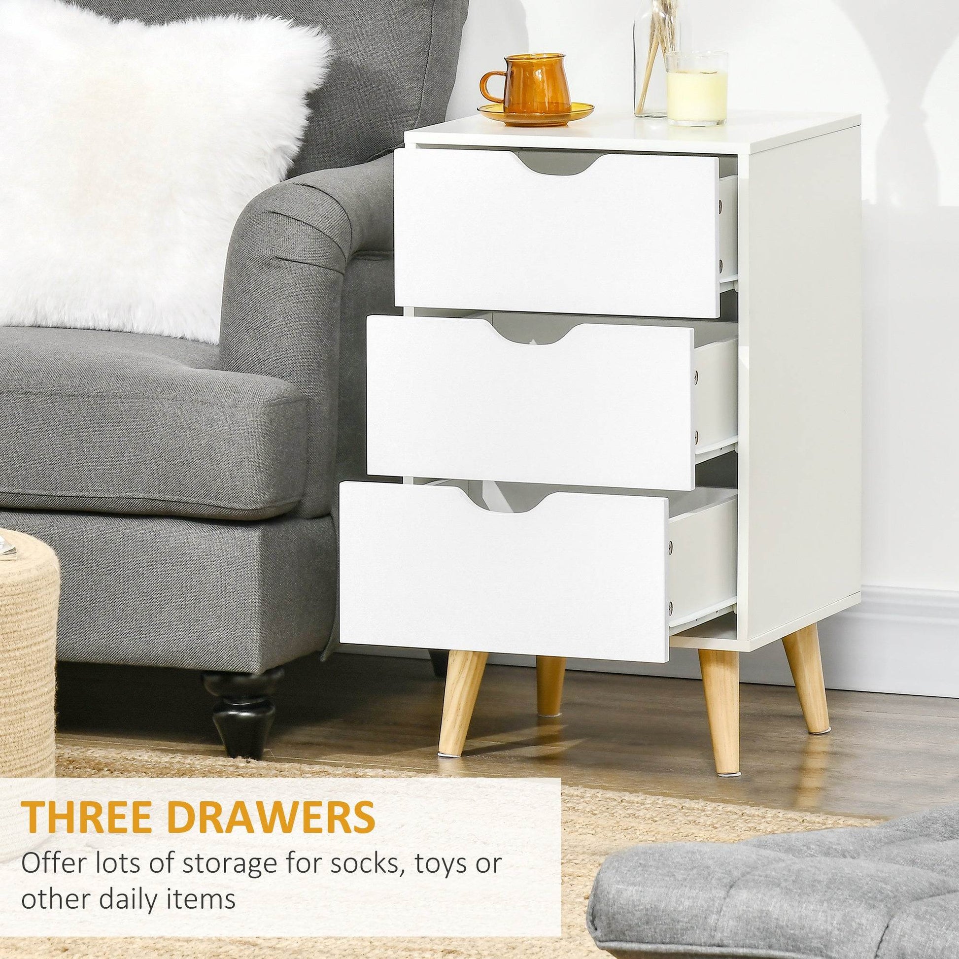 HOMCOM Set of 2 Bedside Tables, Modern Nightstand Side End Table with 3 Storage Drawers and Solid Pine Wood Legs for Bedroom Living Room Entryway, White